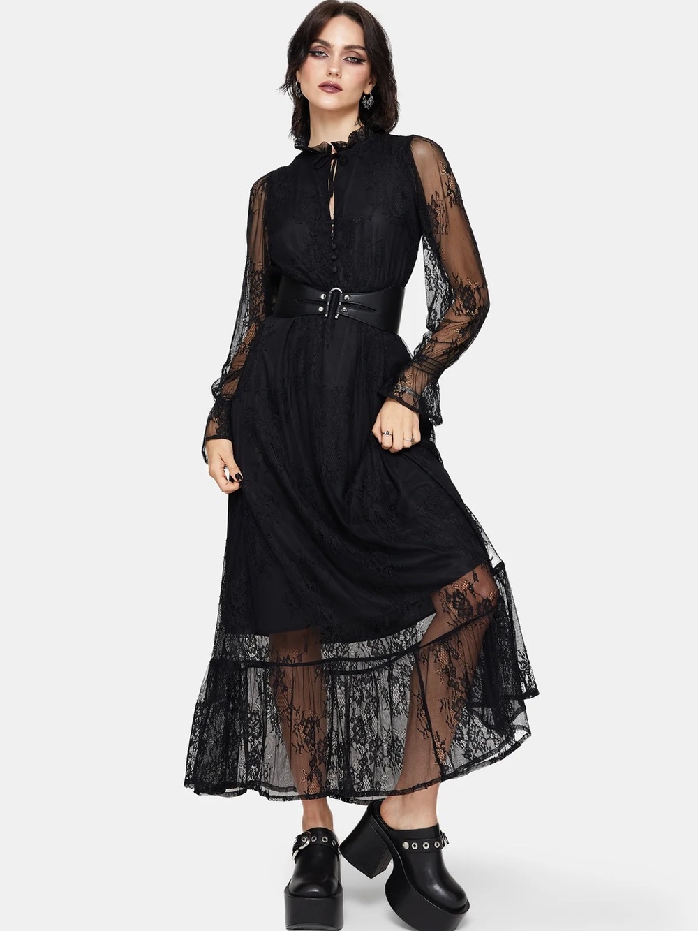 Disturbia Black Lace Maxi Dress with Sheer Sleeves